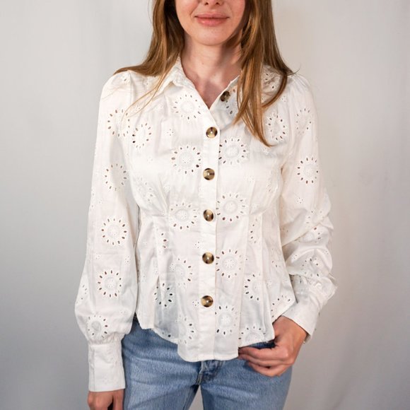 Free People Tops - FREE PEOPLE Boho White Eyelet Button Shirt NWOT